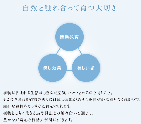 自然と触れ合って育つ大切さ 情操教育 癒し効果 美しい街 植物に囲まれる生活は、澄んだ空気につつまれるのと同じこと。そこに含まれる植物の香りには癒し効果があり心を健やかに導いてくれるので、繊細な感性をまっすぐに育んでくれます。植物とともに生きる鳥や昆虫との触れ合いを通じて、豊かな好奇心と行動力が身に付きます。