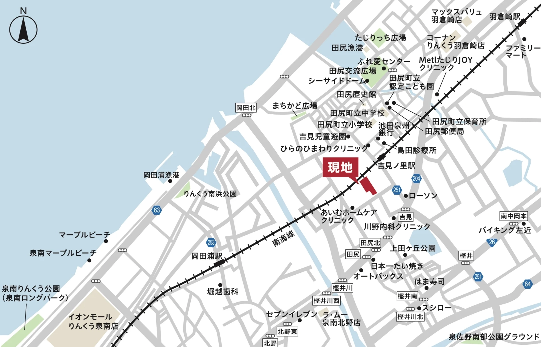 周辺地図 現地は南海線「吉見ノ里」駅の南西、田尻町吉見